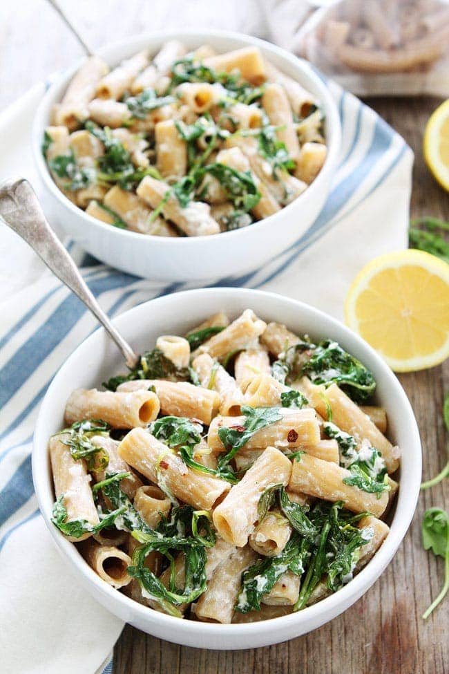 Lemon Arugula Pasta with Burrata Recipe on twopeasandtheirpod.com You only need 7 ingredients and 30 minutes to make this quick and easy pasta with lemon, arugula, and burrata cheese. Lemon Arugula Pasta with Burrata Cheese