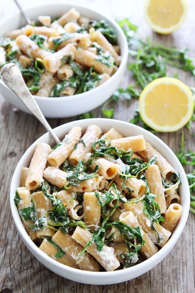 Lemon Arugula Pasta with Burrata Recipe on twopeasandtheirpod.com You only need 7 ingredients and 30 minutes to make this quick and easy pasta with lemon, arugula, and burrata cheese. It is a family favorite! Lemon Arugula Pasta with Burrata Recipe