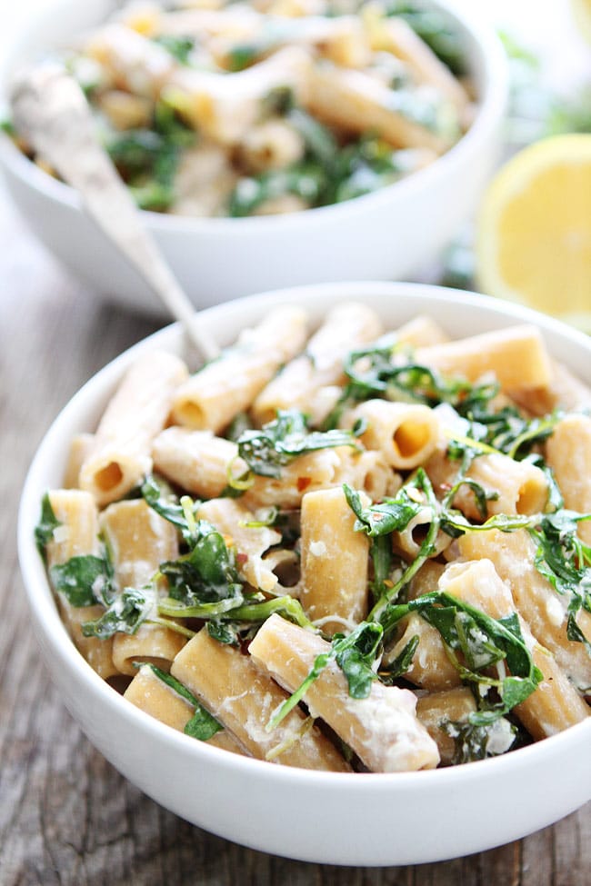 Lemon Arugula Pasta with Burrata Recipe on twopeasandtheirpod.com You only need 7 ingredients and 30 minutes to make this quick and easy pasta with lemon, arugula, and burrata cheese. A great weeknight dinner! Lemon Arugula Pasta with Burrata Recipe