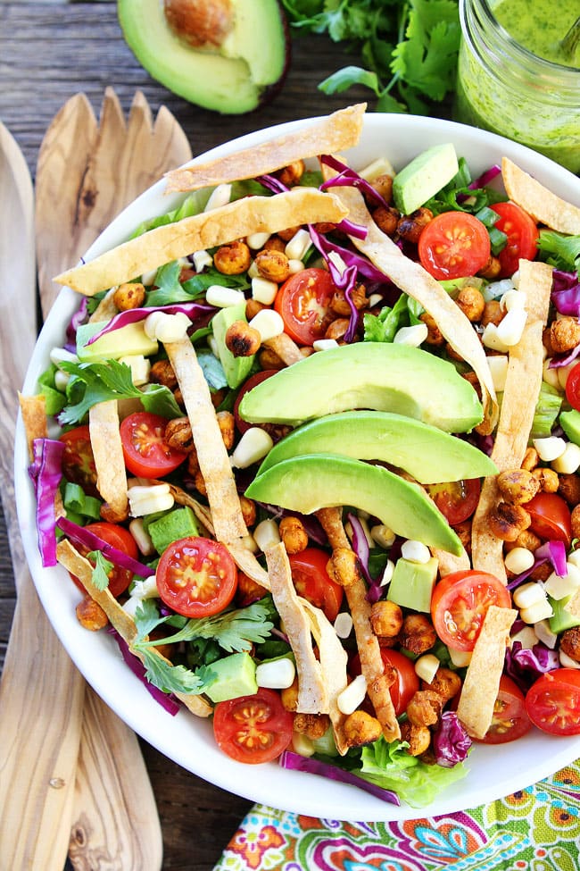 Roasted Chickpea Taco Salad Recipe on twopeasandtheirpod.com This healthy taco salad is vegan, gluten-free, and so delicious! Roasted Chickpea Taco Salad Recipe