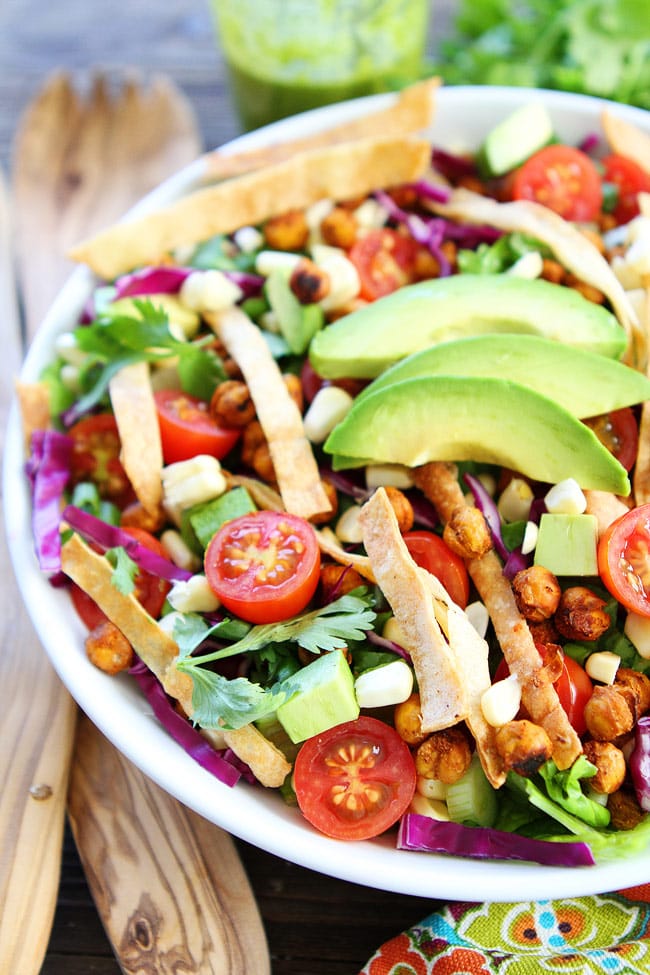 Roasted Chickpea Taco Salad Recipe on twopeasandtheirpod.com The roasted chickpeas make this healthy taco salad extra delicious! Roasted Chickpea Taco Salad Recipe