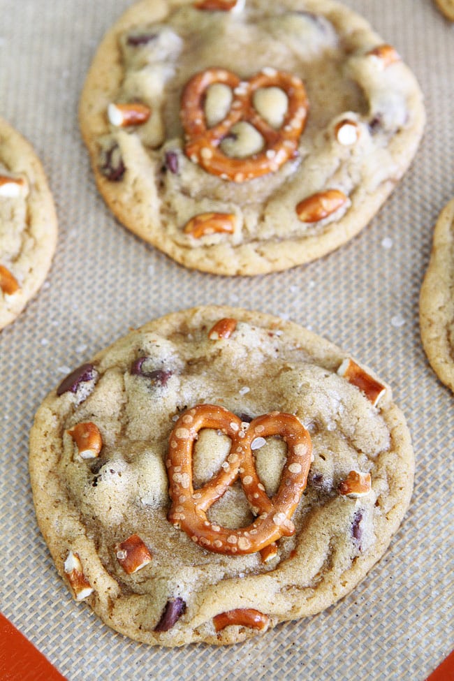 Salted Caramel Pretzel Chocolate Chip Cookie Recipe on twopeasandtheirpod.com The BEST chocolate chip cookies! You will love the sweet and salty combo! Salted Caramel Pretzel Chocolate Chip Cookie Recipe
