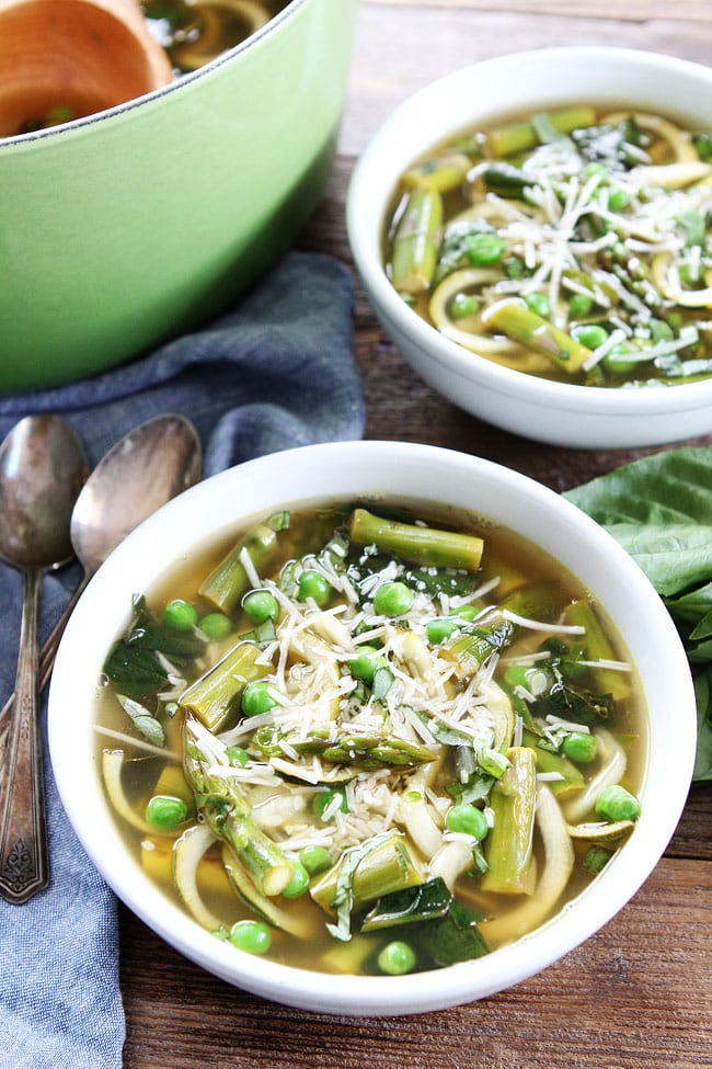 Spring Vegetable Zucchini Noodle Soup Recipe on twopeasandtheirpod.com This fresh and healthy spring soup recipe is easy to make. It is great for lunch or dinner! Spring Vegetable Zucchini Noodle Soup Recipe