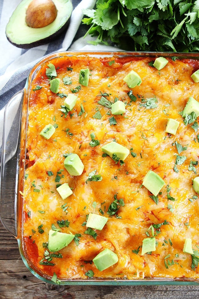 Stacked Sweet Potato and Black Bean Enchiladas Recipe on twopeasandtheirpod.com Layered enchiladas with sweet potatoes, black beans, enchilada sauce, and cheese. This easy enchilada recipe is a family favorite! Stacked Sweet Potato Black Bean Enchiladas in pan