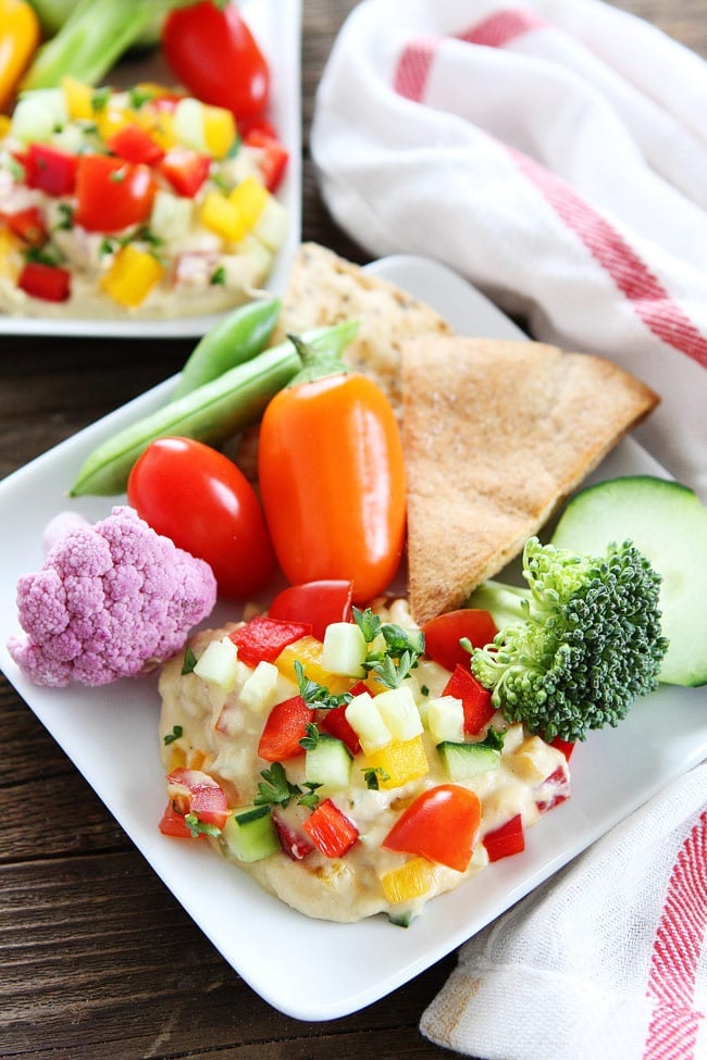 Veggie Hummus Recipe on twopeasandtheirpod.com This simple and healthy hummus is my favorite party appetizer or easy snack! Veggie Hummus Recipe