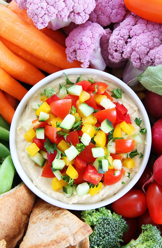 Veggie Hummus Recipe on twopeasandtheirpod.com This simple and healthy hummus is great for parties or everyday snacking! Veggie Hummus Recipe