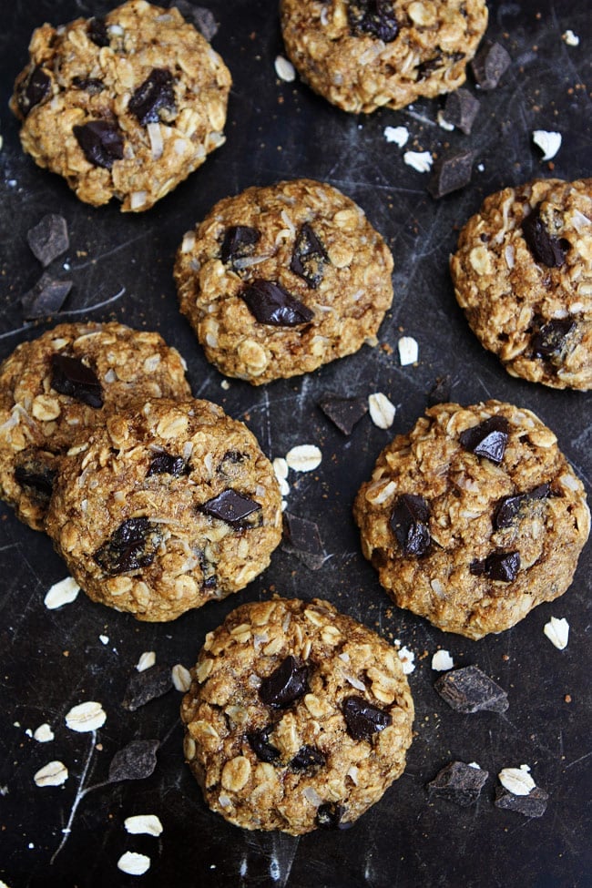 Whole Wheat Banana Coconut Oatmeal Chocolate Chunk Cookies Recipe on twopeasandtheirpod.com These healthy cookies make a great back to school or anytime treat! Whole Wheat Banana Coconut Oatmeal Chocolate Chunk Cookies Recipe