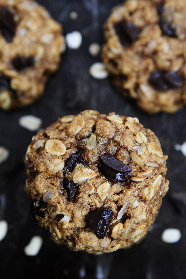Whole Wheat Banana Coconut Oatmeal Chocolate Chunk Cookies Recipe on twopeasandtheirpod.com You will never know these cookies are healthy. They are SO good! Whole Wheat Banana Coconut Oatmeal Chocolate Chunk Cookies Recipe