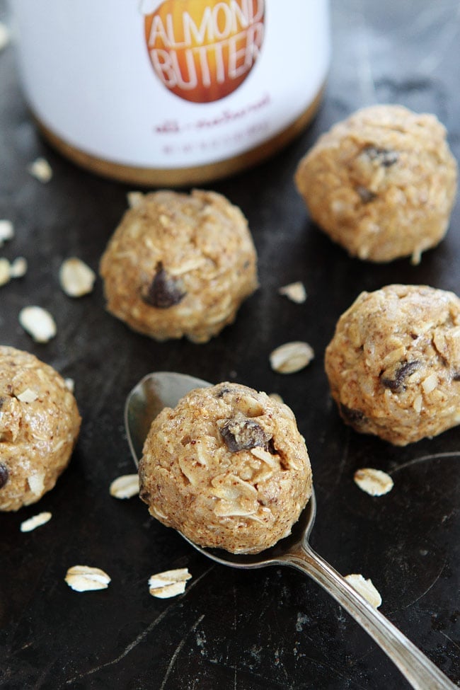 Almond Butter Oat Balls Recipe on twopeasandtheirpod.com These easy, healthy, no-bake almond butter energy bites can be made in 10 minutes! They are great for breakfast on the go, snacking, or dessert! Almond Butter Oat Balls Recipe