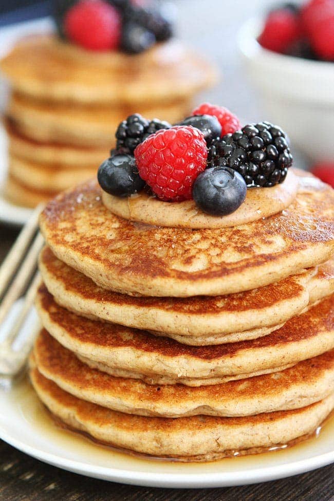 Almond Butter Pancakes Recipe on twopeasandtheirpod.com These healthy, whole wheat almond butter pancakes are the perfect way to start the day! Almond Butter Pancakes Recipe