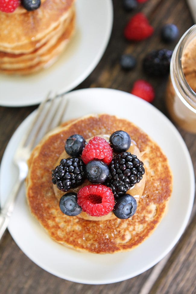 Almond Butter Pancakes Recipe on twopeasandtheirpod.com These easy whole wheat protein pancakes make a great healthy breakfast! They freeze beautifully too! Almond Butter Pancakes Recipe