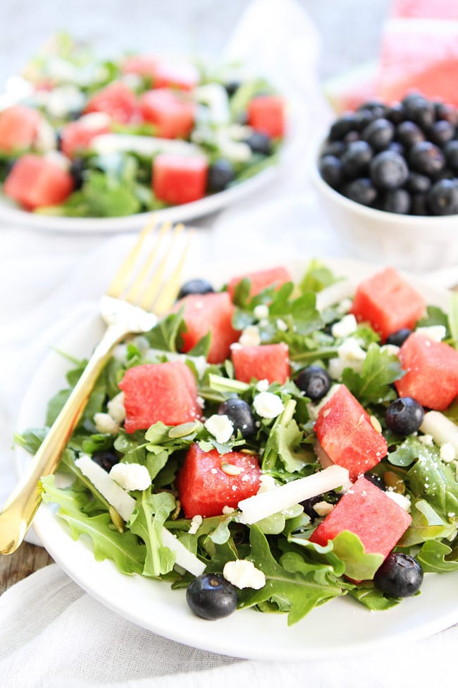 Watermelon, Blueberry, and Jicama Arugula Salad Recipe on twopeasandtheirpod.com This simple and healthy salad is perfect for summertime! Watermelon, Blueberry, and Jicama Arugula Salad Recipe