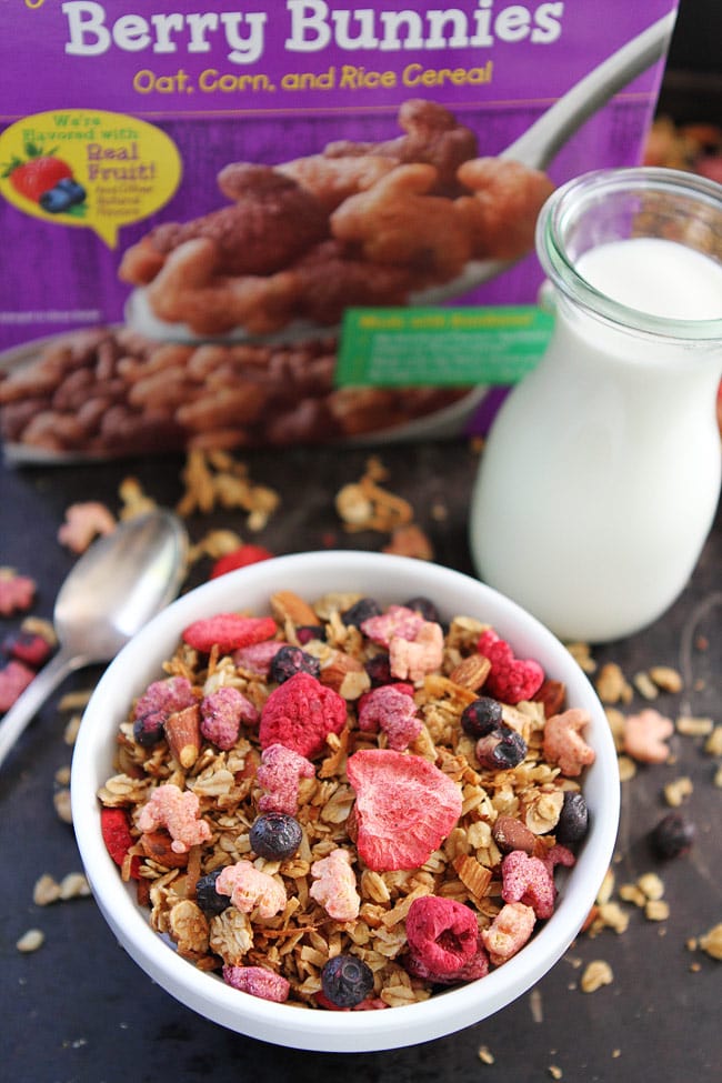 Berry Granola Recipe on twopeasandtheirpod.com This easy homemade granola is bursting with berries. Kids and adults love it! Berry Granola Recipe