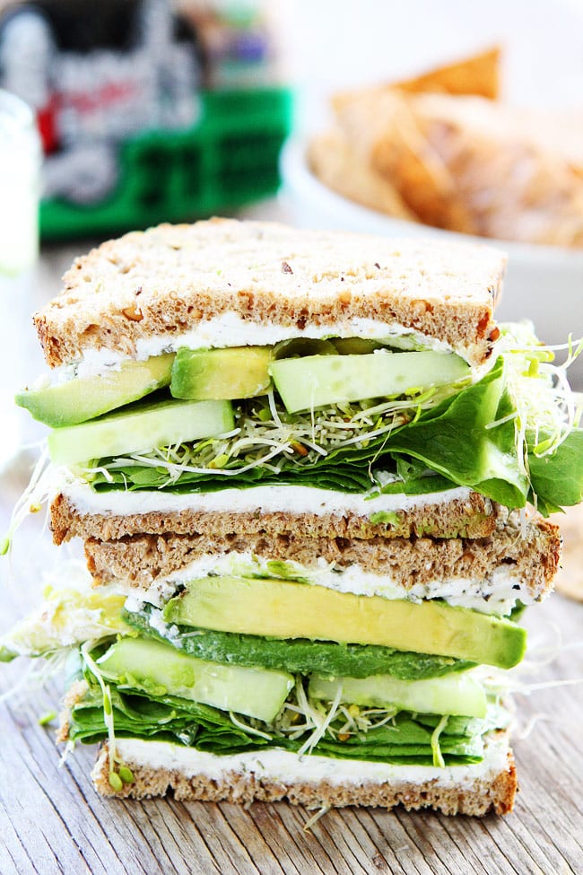 Cucumber and Avocado Sandwich Recipe on twopeasandtheirpod.com This fresh and simple sandwich is made with cucumber, avocado, lettuce, sprouts, and herbed goat cheese. Cucumber and Avocado Sandwich Recipe