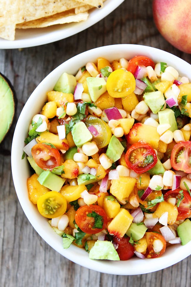 Peach, Corn, and Avocado Salsa Recipe on twopeasandtheirpod.com This fresh, simple, and healthy salsa is a summertime favorite. Peach, Corn, and Avocado Salsa Recipe