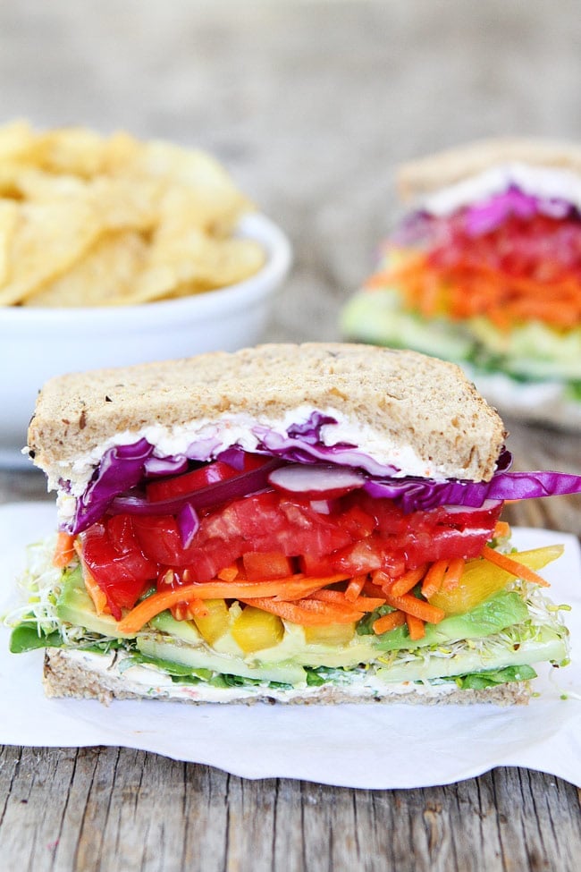 Rainbow Vegetable Sandwich Recipe on twopeasandtheirpod.com This colorful veggie sandwich is easy to make and fun to eat! Rainbow Veggie Sandwich Recipe