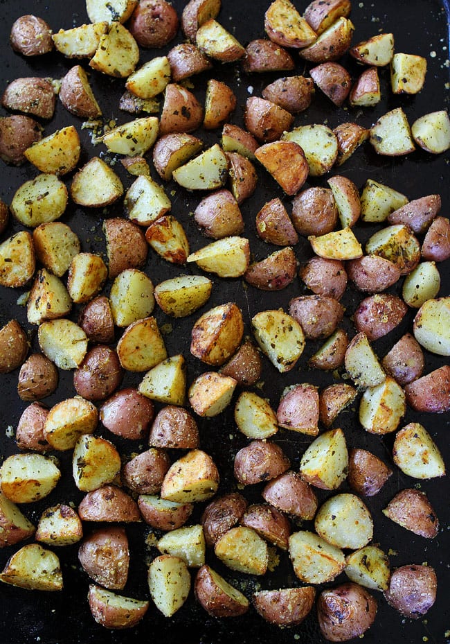 3-Ingredient Roasted Parmesan Pesto Potatoes You only need 3 ingredients to make these delicious potatoes. They are great for busy weeknight meals or easy entertaining.
