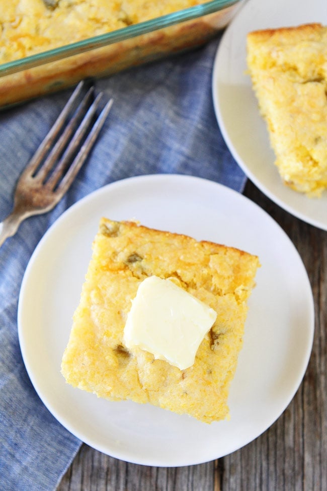 Green Chile Cheddar Cheese Cornbread Recipe on twopeasandtheirpod.com Moist cornbread with green chiles and cheddar cheese. This easy homemade cornbread goes great with a bowl of chili or soup. Green Chile Cheddar Cheese Cornbread Recipe