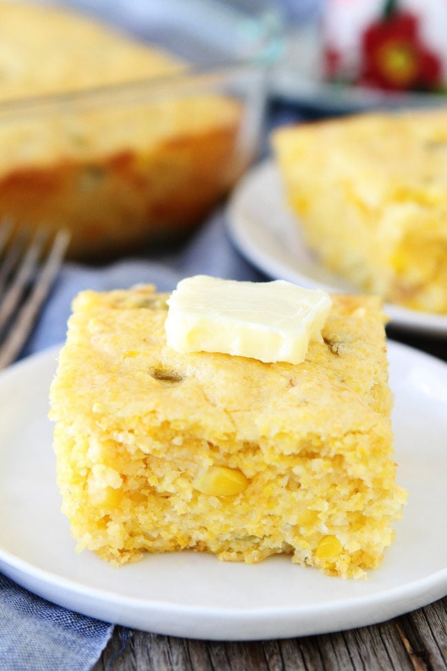 Green Chile Cheddar Cheese Cornbread Recipe on twopeasandtheirpod.com Moist cornbread with green chiles and cheddar cheese. This easy homemade cornbread goes great with a bowl of chili or soup. Green Chile Cheddar Cheese Cornbread Recipe