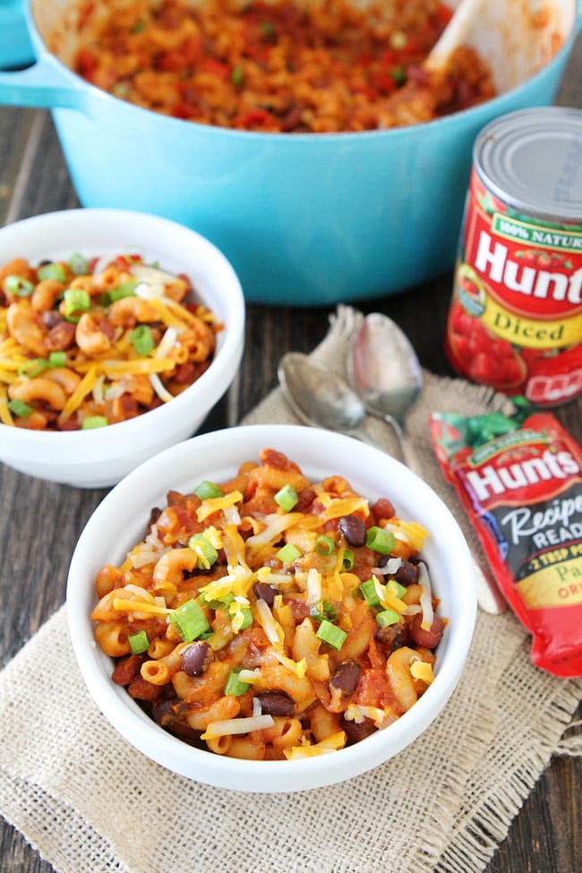 One Pot Vegetarian Chili Mac and Cheese Recipe on twopeasandtheirpod.com Two of your favorite comfort foods come together in ONE pot to create a delicious meal! This easy recipe is great for weeknight meals or game day! One Pot Vegetarian Chili Mac and Cheese Recipe