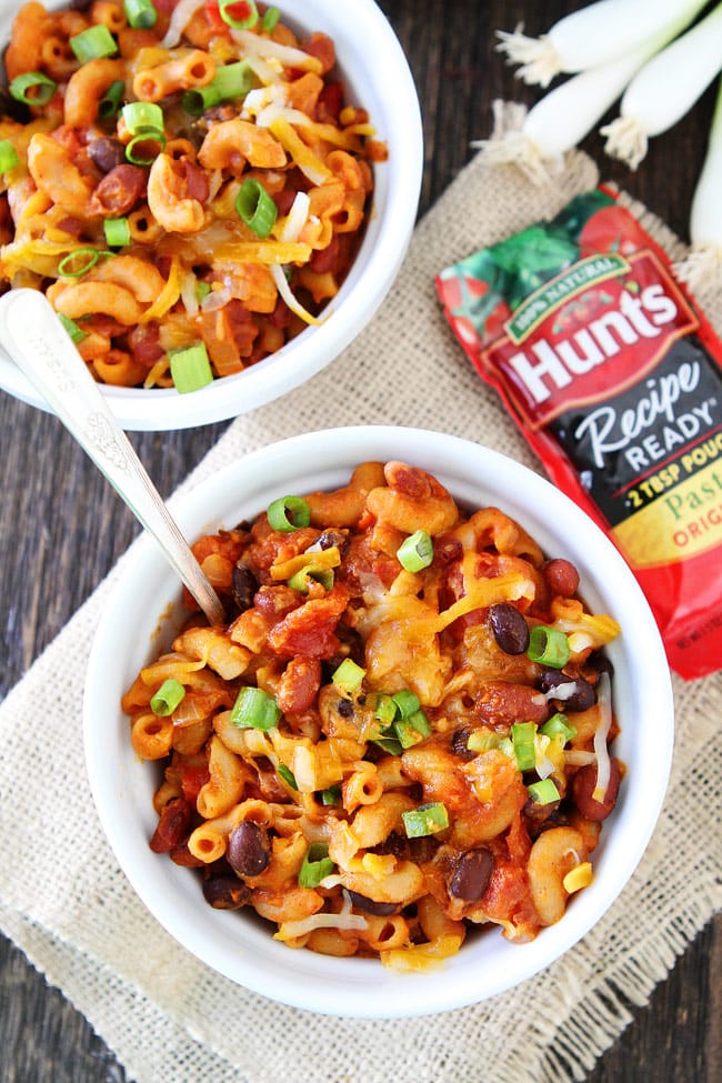 One Pot Vegetarian Chili Mac and Cheese Recipe on twopeasandtheirpod.com Two of your favorite comfort foods come together in ONE pot to create a delicious dinner. This easy recipe makes a great weeknight meal. One Pot Vegetarian Chili Mac and Cheese Recipe
