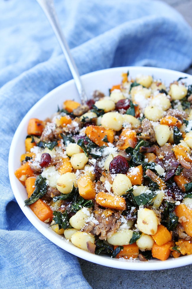 Butternut Squash, Sausage, and Kale Gnocchi Recipe on twopeasandtheirpod.com This easy gnocchi dish is the perfect fall meal. Butternut Squash, Sausage, and Kale Gnocchi Recipe