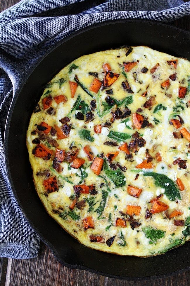 Sweet Potato, Kale, and Goat Cheese Frittata in skillet.
