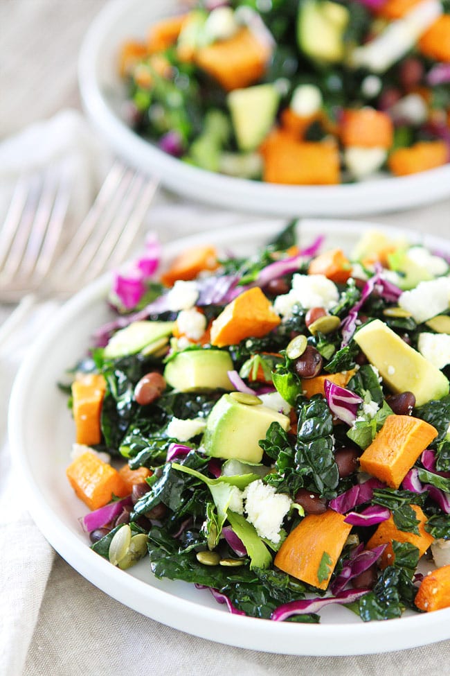 Sweet Potato and Black Bean Kale Salad Recipe on twopeasandtheirpod.com Add this beautiful and healthy kale salad to your holiday menu. It is full of flavor and everyone loves it! Sweet Potato and Black Bean Kale Salad Recipe