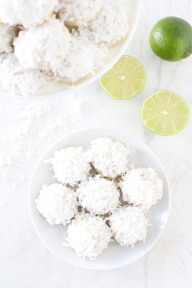 Lime Coconut Snowball Cookie Recipe on twopeasandtheirpod.com These are our FAVORITE cookies. The coconut lime combo is perfection! Lime Coconut Snowball Cookie Recipe
