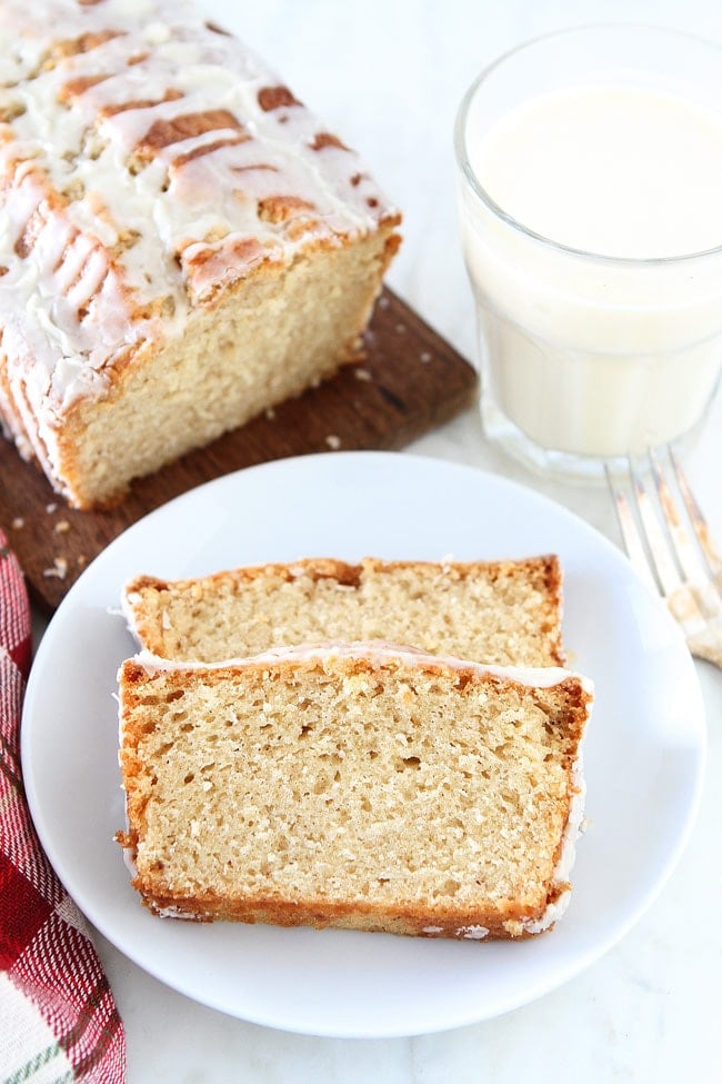 Eggnog Bread Recipe on twopeasandtheirpod.com This easy eggnog quick bread with a sweet eggnog glaze is a Christmas favorite. It is great for breakfast or dessert. Eggnog Bread Recipe
