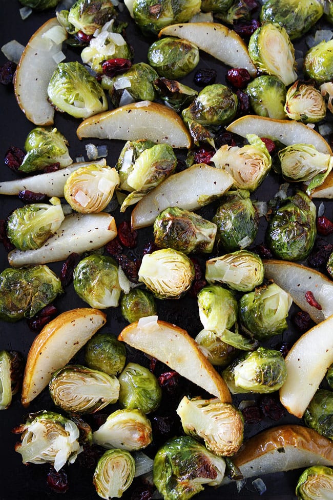 Roasted Pear and Cranberry Brussels Sprouts Recipe on twopeasandtheirpod.com Crispy Brussels sprouts with sweet roasted pears, dried cranberries, lemon, and honey. The perfect side dish for Thanksgiving and Christmas! Roasted Pear and Cranberry Brussels Sprouts Recipe