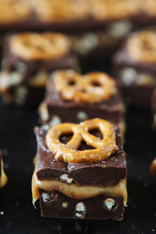Salted Caramel Pretzel Fudge Recipe on twopeasandtheirpod.com This decadent, foolproof fudge is made in the microwave! It is the BEST! Salted Caramel Pretzel Fudge Recipe
