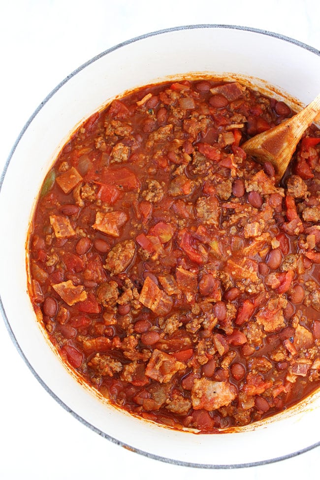 Smoky Bacon Chili Recipe on twopeasandtheirpod.com Meat lovers will go crazy for this chili. It is made with sausage, beef, and BACON! It is a game day favorite! Smoky Bacon Chili Recipe