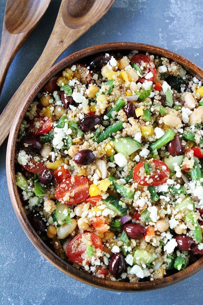 Mediterranean Three Bean Quinoa Salad This protein-packed quinoa salad is full of flavor and great served as a main dish or side dish. Mediterranean Salad with Quinoa in Serving Bowl