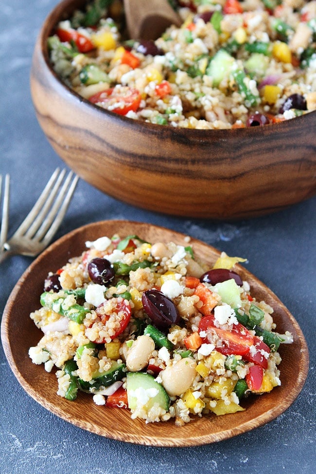 Mediterranean Three Bean Quinoa Salad This healthy, protein-packed quinoa salad is full of flavor and great served as a main dish or side dish. Mediterranean Salad with Quinoa tossed in Balsamic Dressing