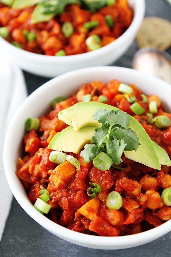 Sweet Potato Chickpea Chili Recipe on twopeasandtheirpod.com This healthy and hearty chili is full of flavor! It makes a great easy weeknight meal. Sweet Potato Chickpea Chili Recipe
