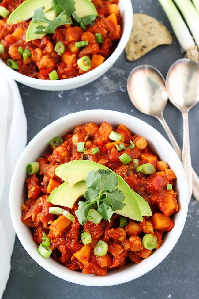 Sweet Potato Chickpea Chili Recipe on twopeasandtheirpod.com This healthy and hearty chili is full of flavor! It makes a great easy weeknight meal and is perfect for game day! Sweet Potato Chickpea Chili Recipe