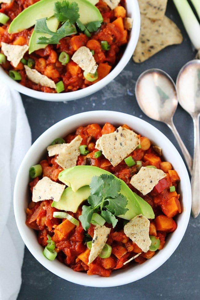 Sweet Potato Chickpea Chili Recipe on twopeasandtheirpod.com This healthy and hearty vegan chili is full of flavor! It makes a great easy weeknight meal. Sweet Potato Chickpea Chili Recipe