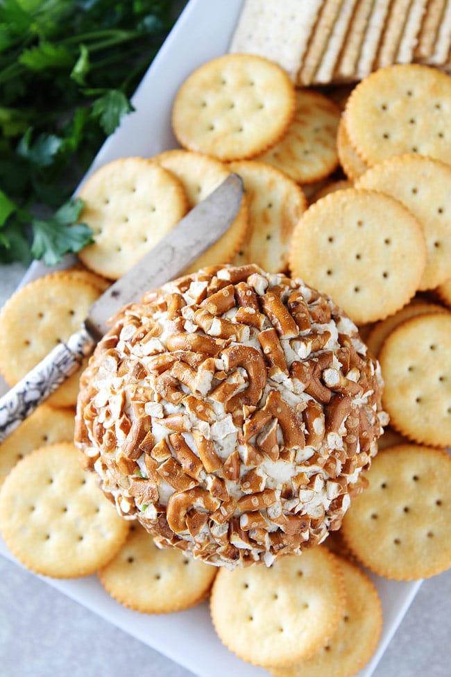 Bacon Cheddar Pretzel Cheese Ball Recipe on twopeasandtheirpod.com This easy cheese ball is the perfect party appetizer. It can be made in advance and is great served with crackers. Bacon Cheddar Pretzel Cheese Ball Recipe
