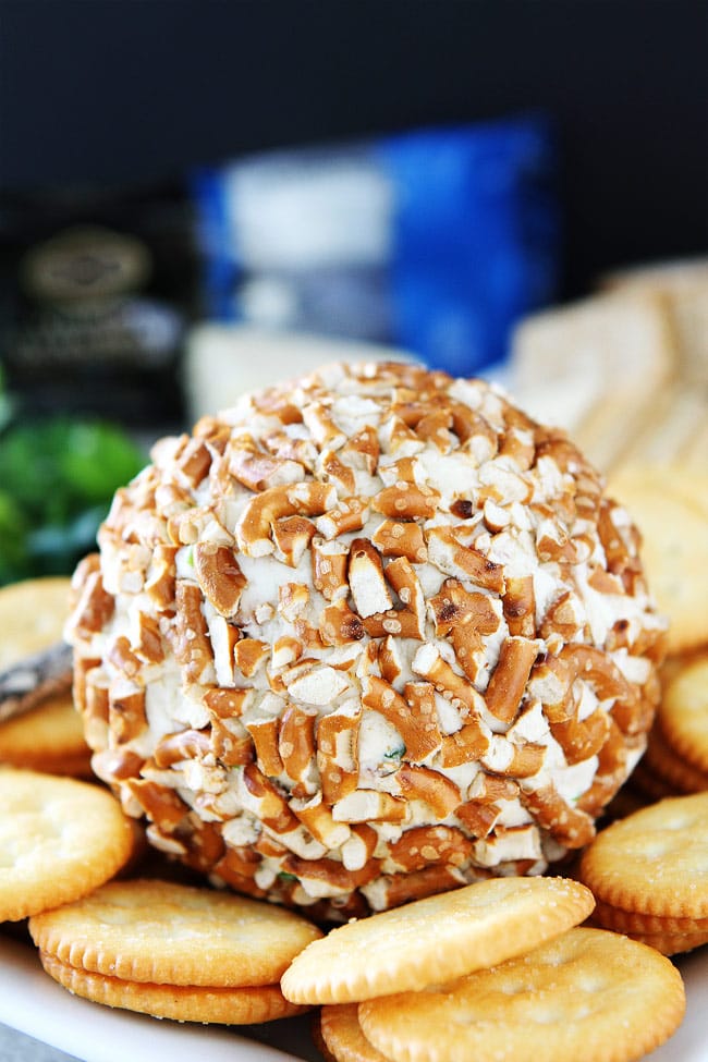 Bacon Cheddar Pretzel Cheese Ball Recipe on twopeasandtheirpod.com This easy cheese ball is the perfect party appetizer or snack! It can be made in advance and everyone LOVES it! Bacon Cheddar Pretzel Cheese Ball Recipe
