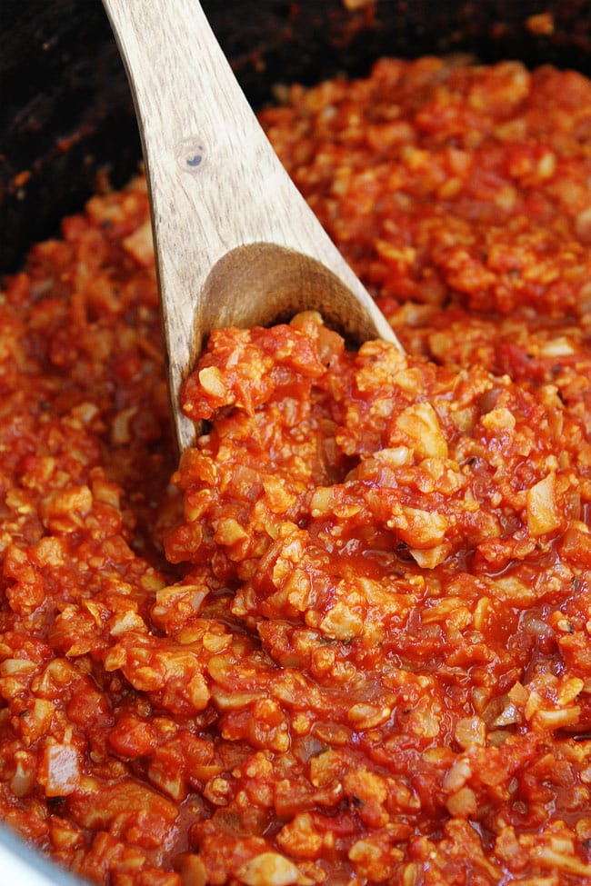 Cauliflower Bolognese Sauce Recipe on twopeasandtheirpod.com This hearty and healthy bolognese is made with cauliflower and lentils. Even meat lovers will enjoy this rich and delicious bolognese sauce. Cauliflower Bolognese Sauce Recipe