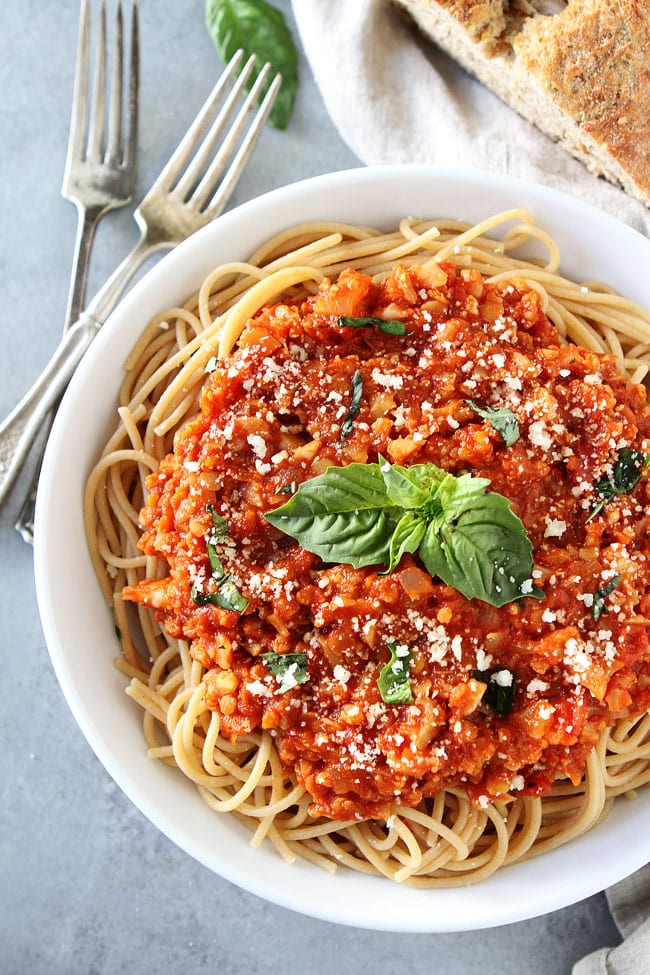 Cauliflower Bolognese Recipe on twopeasandtheirpod.com This hearty and healthy bolognese is made with cauliflower and lentils, but you will never know. It is SO good. Serve with pasta for a healthy and comforting dinner. Cauliflower Bolognese Recipe on twopeasandtheirpod.com