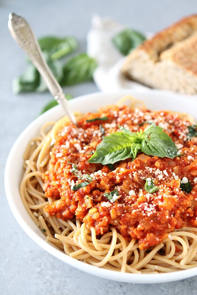 Cauliflower Bolognese Recipe on twopeasandtheirpod.com This hearty and healthy bolognese is made with cauliflower and lentils, but you will never know. It is SO good. Serve with pasta for a healthy and comforting dinner. Cauliflower Bolognese Recipe