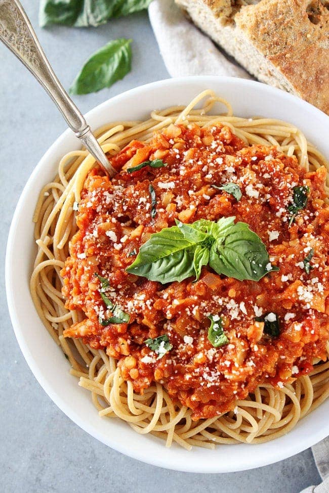 Cauliflower Bolognese Recipe on twopeasandtheirpod.com This hearty and healthy bolognese is made with cauliflower and lentils. Even meat lovers will enjoy this rich and delicious bolognese sauce. Cauliflower Bolognese Recipe