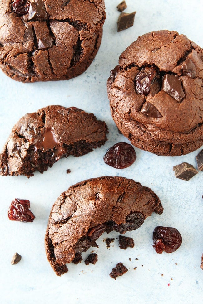 Chocolate Cherry Cookies Recipe on twopeasandtheirpod.com Soft and chewy chocolate cookies with chocolate chunks and dried cherries. The chocolate cherry combo is perfection! Chocolate Cherry Cookies Recipe