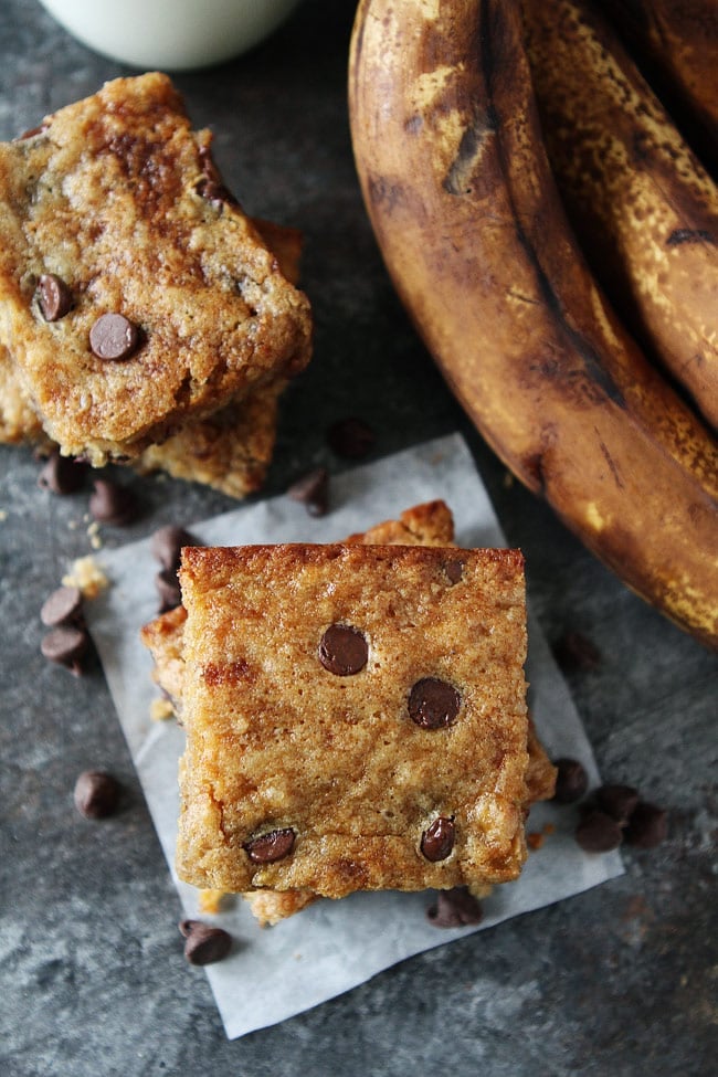 Brown Butter Banana Chocolate Chip Bars Recipe on twopeasandtheirpod.com Use your brown bananas to make these easy banana bars! They are an amazing dessert! Brown Butter Banana Chocolate Chip Bars Recipe