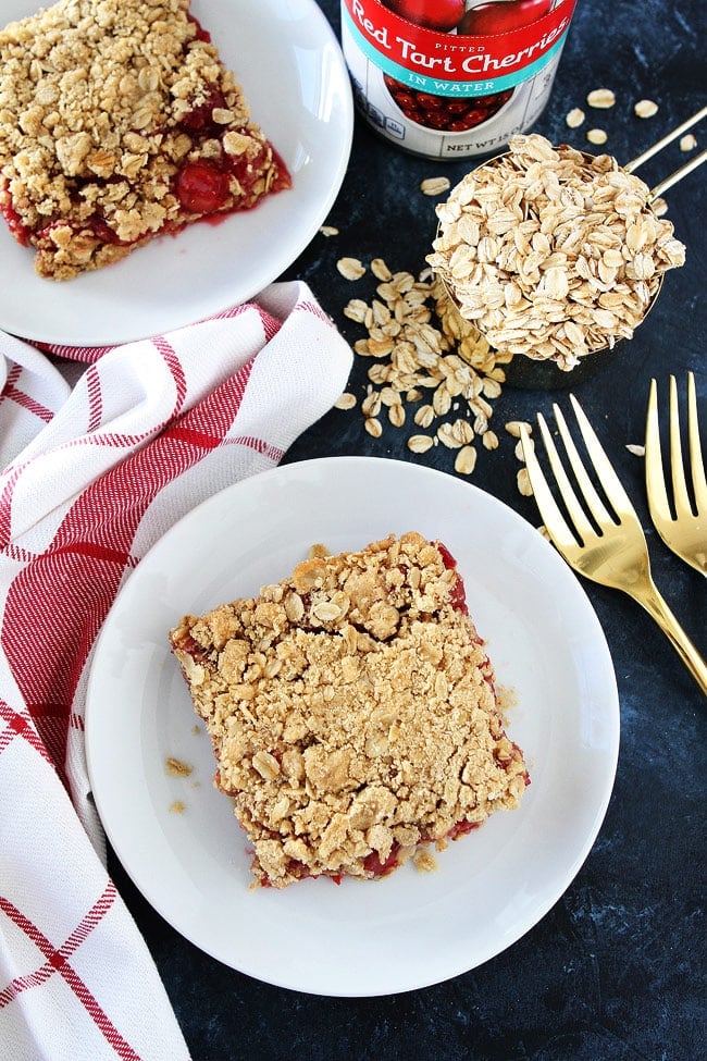 Cherry Oatmeal Bars Recipe on twopeasandtheirpod.com If you like cherry pie you will LOVE these easy bars! Easy Cherry Oatmeal Bars