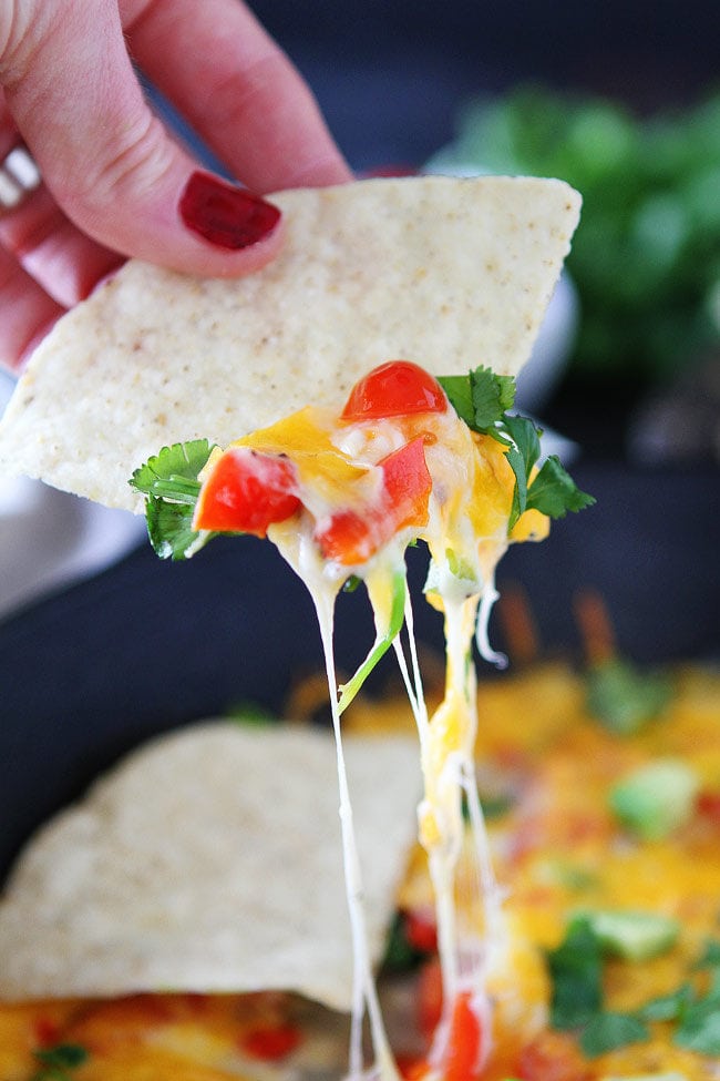 Easy Skillet Queso Dip Recipe on twopeasandtheirpod.com This easy, cheesy dip is perfect for parties, game day, or any day! Serve it warm with tortilla chips! Easy Skillet Queso Dip Recipe