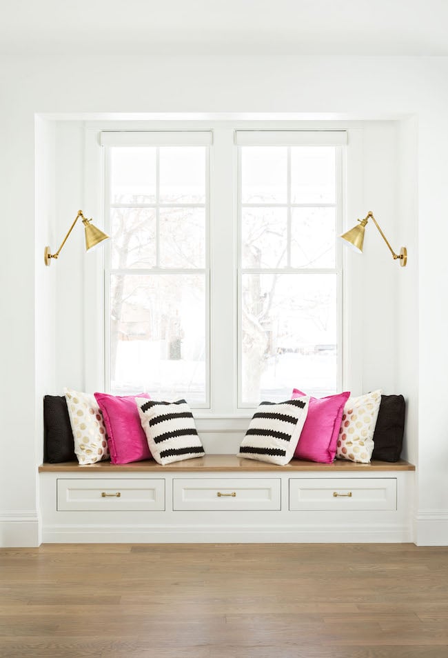 Office Tour on twopeasandtheirpod.com The perfect home office space. The cozy bench seat is so nice! Office Tour