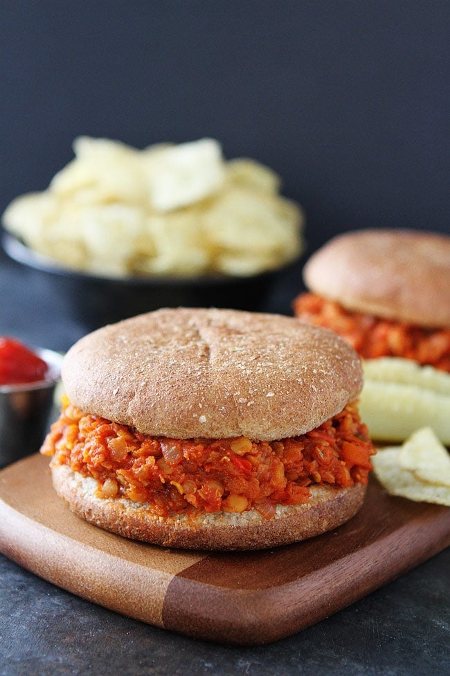 Cauliflower Lentil Sloppy Joes Recipe on twopeasandtheirpod.com Easy vegan and gluten free sloppy joes that are kid friendly. Serve on a bun or in lettuce wraps for a delicious dinner! Cauliflower Lentil Sloppy Joes Recipe